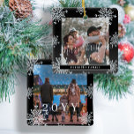 Snowflakes 2 family photo personalized black white ceramic ornament<br><div class="desc">Rustic elegant winter black and white plaid family keepsake tree ornament template with sparkling snowflakes frame.                       Easy to personalize with your 2 photos,  text script,  family name and year!</div>