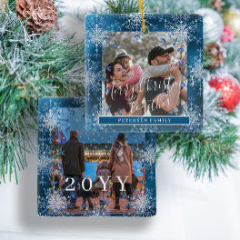 Snowflakes 2 family photo personalized blue white ceramic ornament