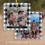 Snowflakes 2 family photo personalized buffalo  ceramic ornament<br><div class="desc">Rustic farmhouse elegant winter black and white plaid gingham buffalo check family keepsake pattern tree ornament template with sparkling snowflakes frame.                       Easy to personalize with your 2 photos,  text script,  family name and year!</div>