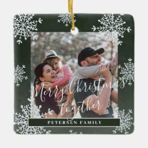 Snowflakes 2 family photo personalized green ceramic ornament