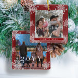 Snowflakes 2 family photo personalized red ceramic ornament<br><div class="desc">Rustic elegant winter red and white family keepsake tree ornament template with sparkling snowflakes frame.                       Easy to personalize with your 2 photos,  text script,  family name and year!</div>