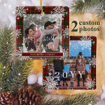 Snowflakes 2 family photo personalized red tartan ceramic ornament<br><div class="desc">Rustic elegant winter red and green plaid family keepsake tree ornament template with sparkling snowflakes frame.                       Easy to personalize with your 2 photos,  text script,  family name and year!</div>