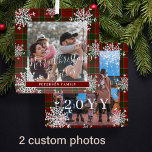 Snowflakes 2 family photo personalized red tartan metal ornament<br><div class="desc">Elegant rustic winter red and green plaid pattern family keepsake tree ornament template with sparkling snowflakes frame.                       Easy to personalize with your 2 photos,  text script,  family name and year!</div>