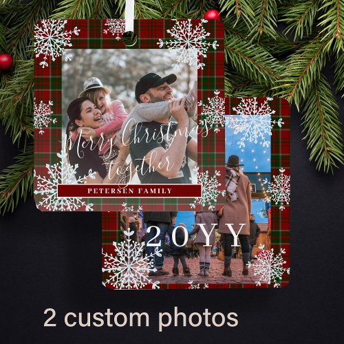 Snowflakes 2 family photo personalized red tartan metal ornament