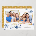 Snowflakes 2 Photos Happy Hanukkah Holiday Card<br><div class="desc">This Hanukkah photo card offers a simple design with 2 photos and the greeting "Happy Hanukkah" appearing in dark blue and gold. The background is accented with dark blue snowflakes.</div>