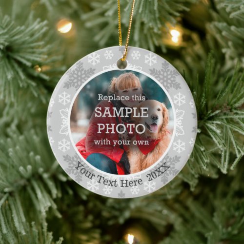 Snowflakes 2 Photos Personalized Gray Silver Ceramic Ornament