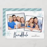 Snowflakes 2 Photos Teal and Blue Happy Hanukkah Holiday Card<br><div class="desc">This Hanukkah photo card offers a simple design with 2 photos and the greeting "Happy Hanukkah" appearing in dark blue and light teal. The white background is accented with light teal snowflakes.</div>