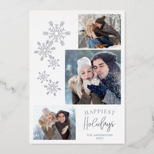 Snowflakes 4 Photos Happiest Holidays Silver Foil Holiday Card