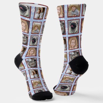 Snowflakes 5 Custom Family Photo Collage Blue Easy Socks by PictureCollage at Zazzle