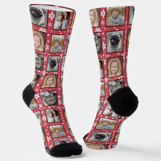 Snowflakes 5 Custom Family Photo Collage Red Easy Socks (Angled)