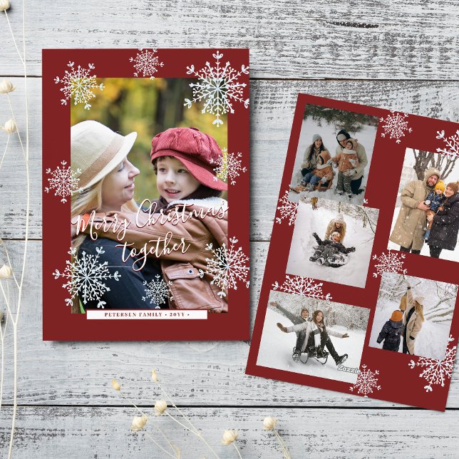 Snowflakes 6 family photo collage script Christmas Holiday Card (Creator Uploaded)