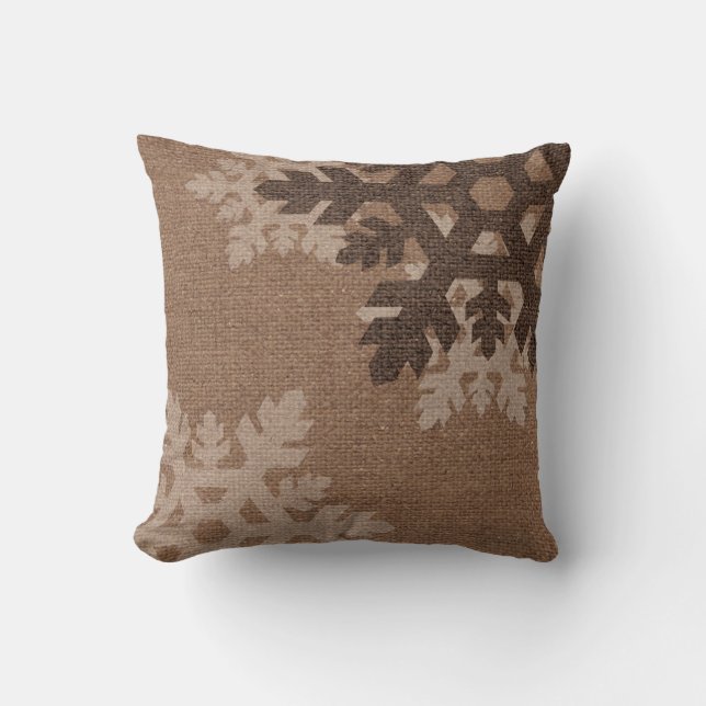 Snowflakes against Rustic Faux Burlap Holiday Chic Throw Pillow (Front)