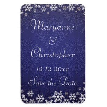 Snowflakes And Blue Damask Save The Date Magnet by WeddingBazaar at Zazzle