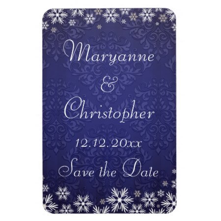 Snowflakes And Blue Damask Save The Date Magnet