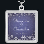 Snowflakes and Blue Damask Silver Plated Necklace<br><div class="desc">An elegant wedding design for a winter wedding or Christmas wedding featuring snowflakes on a blue colored background with a subtle damask pattern. Customize the text for your own special day. This coordinates with the Snowflakes and Blue Damask Wedding Collection and is available in a range of colors. Please contact...</div>