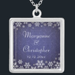 Snowflakes and Blue Damask Silver Plated Necklace<br><div class="desc">An elegant wedding design for a winter wedding or Christmas wedding featuring snowflakes on a blue colored background with a subtle damask pattern. Customize the text for your own special day. This coordinates with the Snowflakes and Blue Damask Wedding Collection and is available in a range of colors. Please contact...</div>