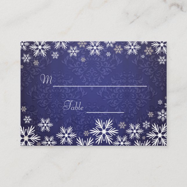 Snowflakes and Blue Damask Wedding Place Setting Place Card (Front)