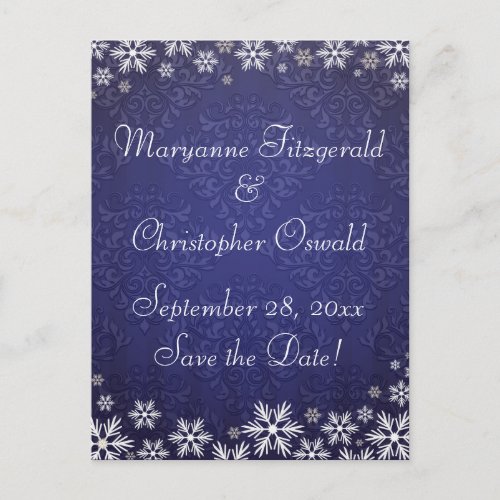 Snowflakes and Blue Damask Wedding Save the Date Announcement Postcard