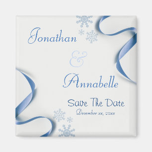 Snowflakes and Blue Ribbons Save The Date Magnet