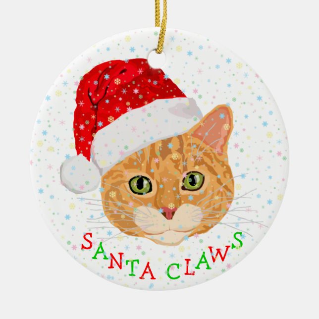 Snowflakes and Cute Cat in Santa Hat Christmas Ceramic Ornament (Front)