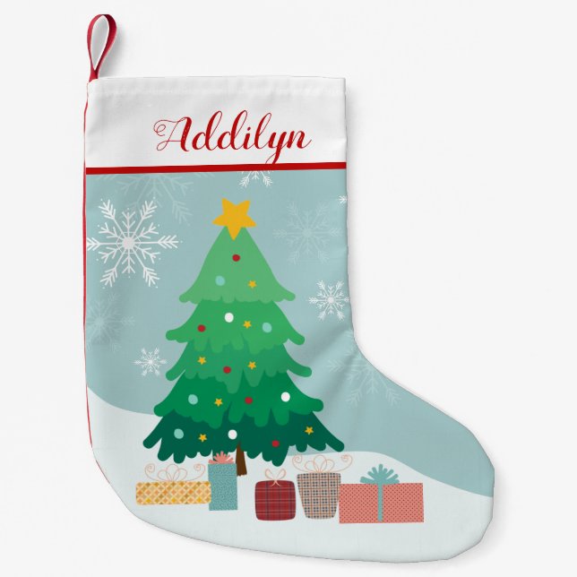 Snowflakes and Cute Christmas Tree Kids Small Christmas Stocking (Front)