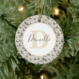 Snowflakes and deer personalized ceramic ornament