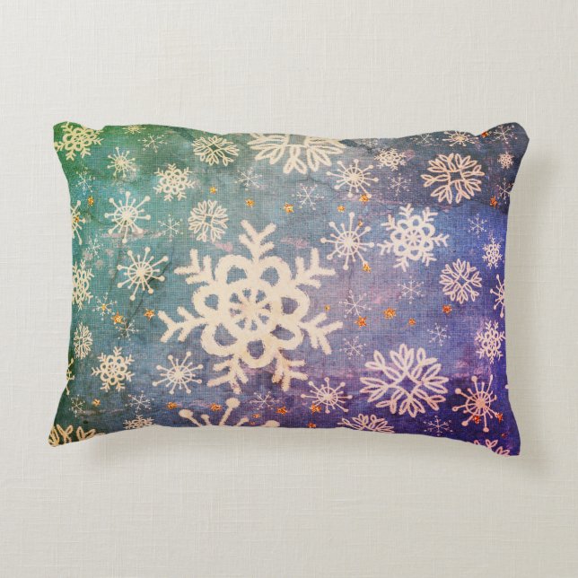 Snowflakes and Gold Stars on Tie-Dye Denim Accent Pillow (Back)
