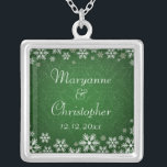 Snowflakes and Green Damask Silver Plated Necklace<br><div class="desc">An elegant wedding design for a winter wedding or Christmas wedding featuring snowflakes on a green colored background with a subtle damask pattern. Customize the text for your own special day. This coordinates with the Snowflakes and Green Damask Wedding Collection and is available in a range of colors. Please contact...</div>