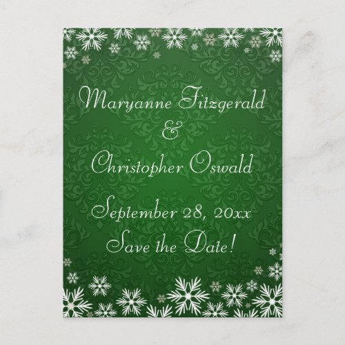 Snowflakes and Green Damask Wedding Save the Date Announcement Postcard