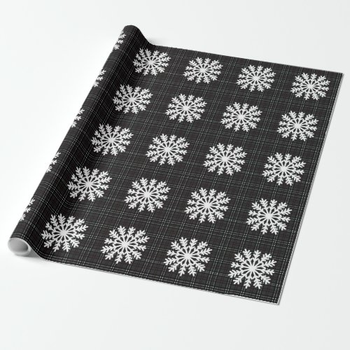 Snowflakes and grey tartan wrapping paper