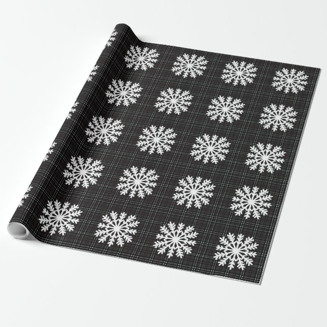 Snowflakes and grey tartan wrapping paper (Unrolled)