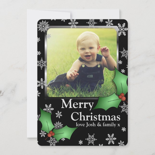 Snowflakes and Holly on Black Custom Photo Holiday Card (Front)