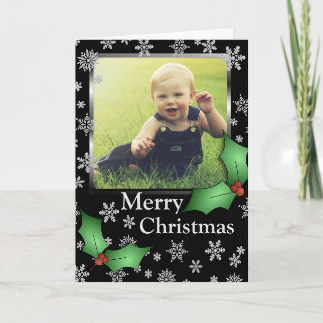 Snowflakes and Holly on Black Custom Photo Holiday Card (Front)