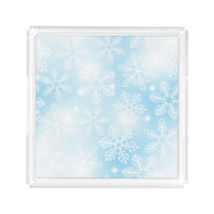 Snowflakes and lights on blue acrylic tray