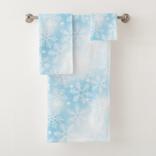 Snowflakes and lights on blue bath towel set (Insitu)
