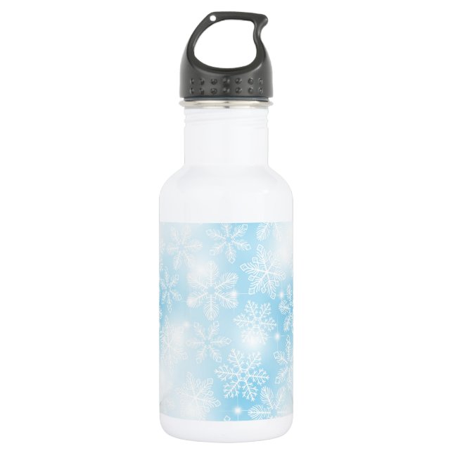 Snowflakes and lights on blue stainless steel water bottle (Front)