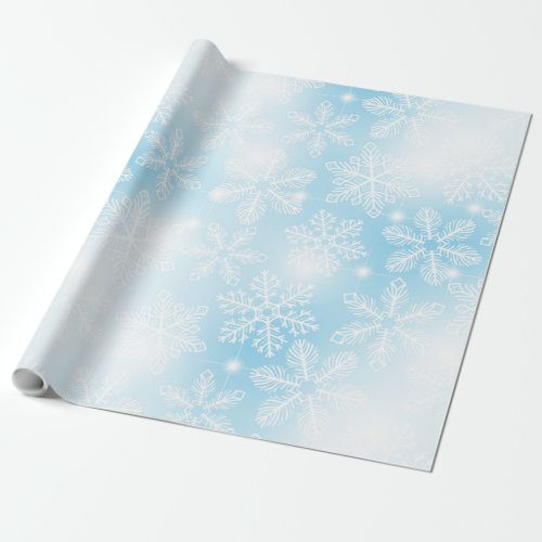 Snowflakes and lights on blue wrapping paper