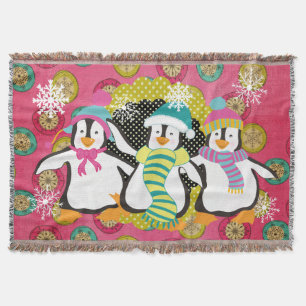 Snowflakes and Orbs Penguins Holiday Throw Throw Blanket