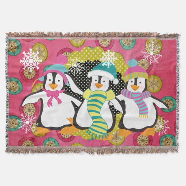 Snowflakes and Orbs Penguins Holiday Throw Throw Blanket (Front)