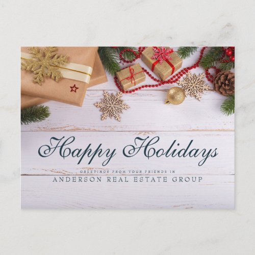 Snowflakes and Pine   Rustic Holiday Greetings Postcard