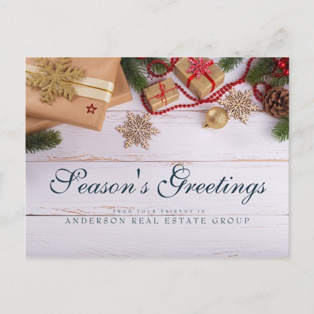 Snowflakes and Pine  | Rustic Holiday Greetings Postcard (Front)