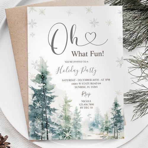 Snowflakes and Pine Trees Greenery Holiday Party Invitation