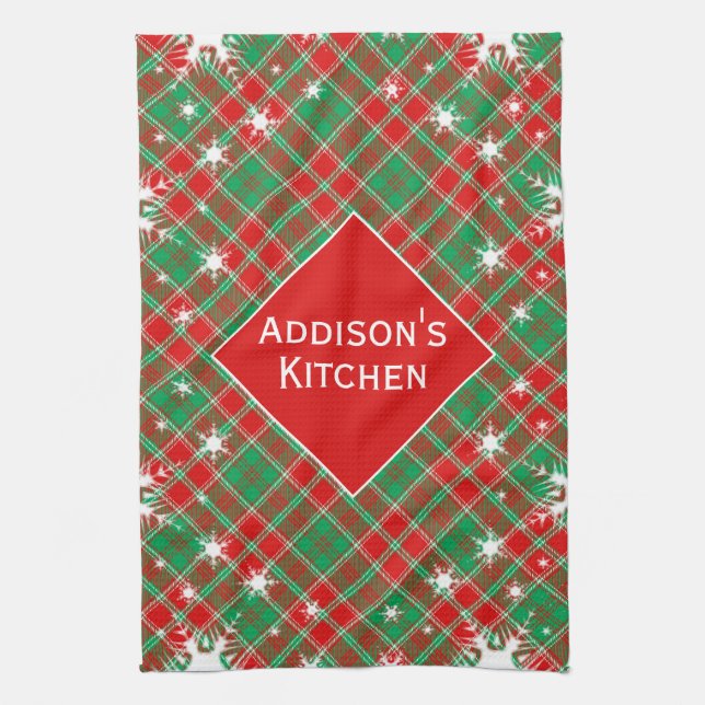Snowflakes And Plaid Red Green And White Christmas Kitchen Towel (Vertical)