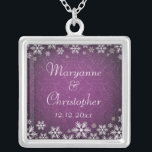 Snowflakes and Purple Damask Silver Plated Necklace<br><div class="desc">An elegant wedding design for a winter wedding or Christmas wedding featuring snowflakes on a purple colored background with a subtle damask pattern. Customize the text for your own special day. This coordinates with the Snowflakes and Purple Damask Wedding Collection and is available in a range of colors. Please contact...</div>