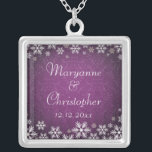 Snowflakes and Purple Damask Silver Plated Necklace<br><div class="desc">An elegant wedding design for a winter wedding or Christmas wedding featuring snowflakes on a purple colored background with a subtle damask pattern. Customize the text for your own special day. This coordinates with the Snowflakes and Purple Damask Wedding Collection and is available in a range of colors. Please contact...</div>