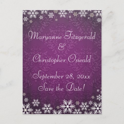 Snowflakes and Purple Damask Wedding Save the Date Announcement Postcard