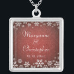 Snowflakes and Red Damask Silver Plated Necklace<br><div class="desc">An elegant wedding design for a winter wedding or Christmas wedding featuring snowflakes on a red colored background with a subtle damask pattern. Customize the text for your own special day. This coordinates with the Snowflakes and Red Damask Wedding Collection and is available in a range of colors. Please contact...</div>
