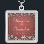 Snowflakes and Red Damask Silver Plated Necklace<br><div class="desc">An elegant wedding design for a winter wedding or Christmas wedding featuring snowflakes on a red colored background with a subtle damask pattern. Customize the text for your own special day. This coordinates with the Snowflakes and Red Damask Wedding Collection and is available in a range of colors. Please contact...</div>