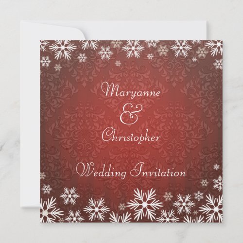 Snowflakes and Red Damask Wedding Personalized Invitation