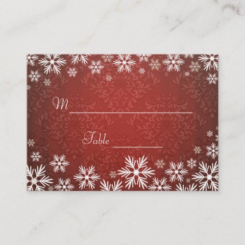 Snowflakes and Red Damask Wedding Place Setting Business Cards